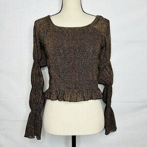 Anthropologie Bubble Sleeve Crop Blouse Top Boho 90s Sz M Brown Black Metallic